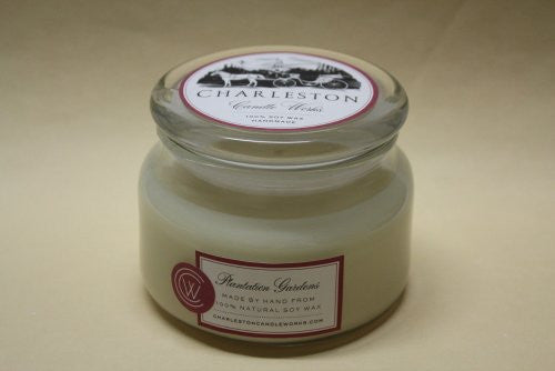 Hand made soy candle called Plantation Garden has a cotton smell 