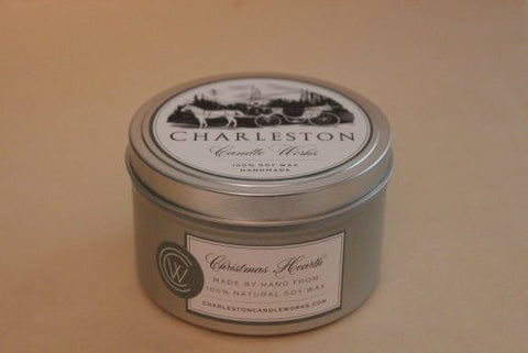 Christmas hearth candle tin made with soy wax. 
